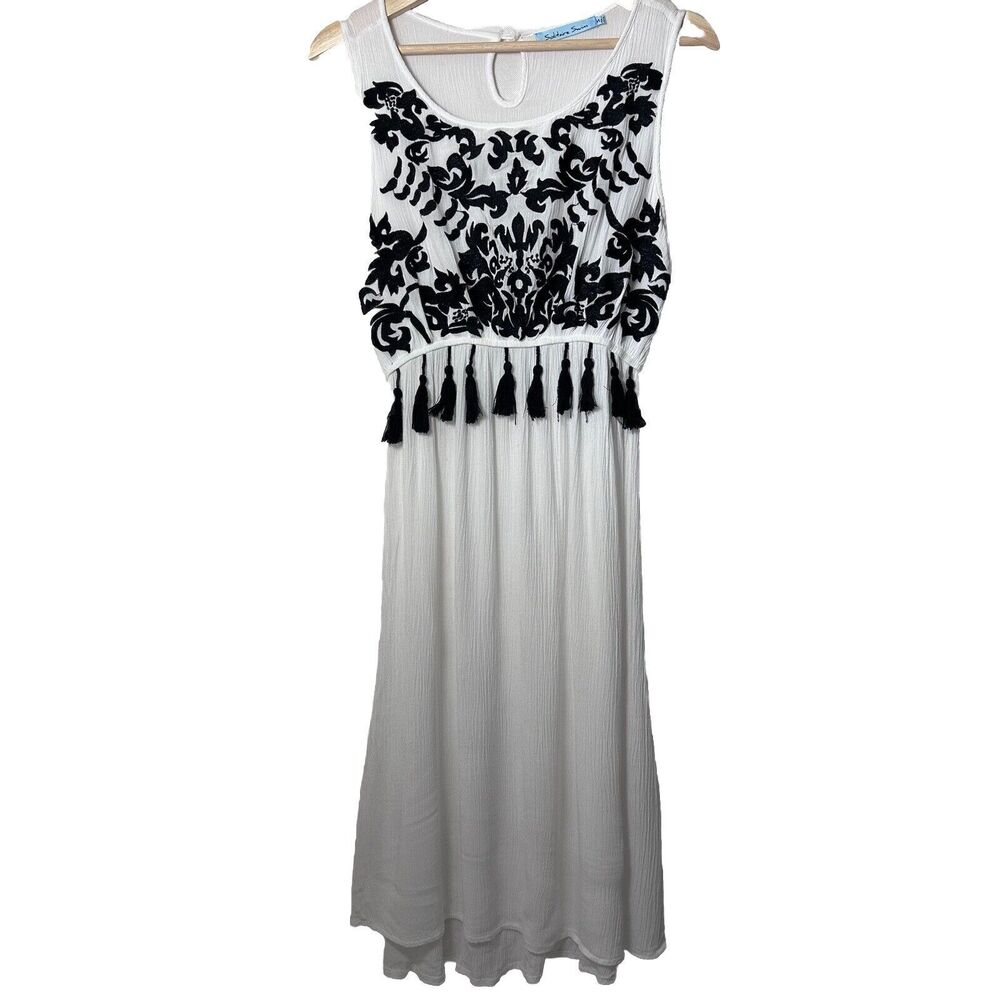 SOLITAIRE SWIM Dress Coverup Boho Embroidered White Tassels Was Festival Gauzy S